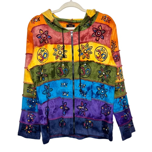 RISING INTERNATIONAL Handmade Multi Patch Cotton Hoodie Jacket. Size Small - Picture 2 of 9